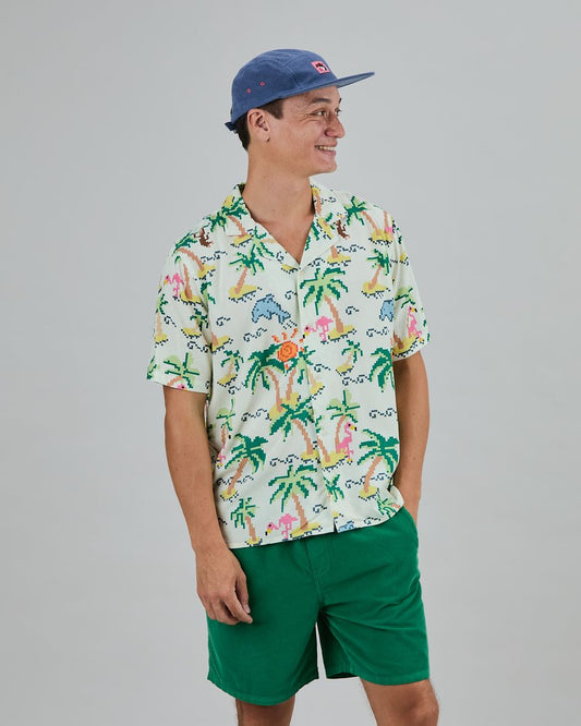 Tropical Pixel Aloha Shirt Ecru